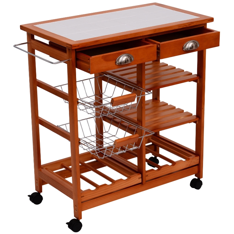 HOMCOM Wooden Kitchen Trolley Cart Drawers, 3 Shelves