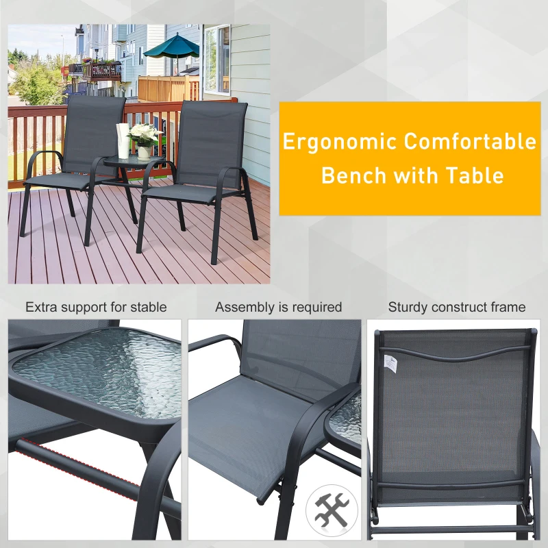 Outsunny Steel Frame Outdoor Garden Armchair Bench w/ Middle Table Black