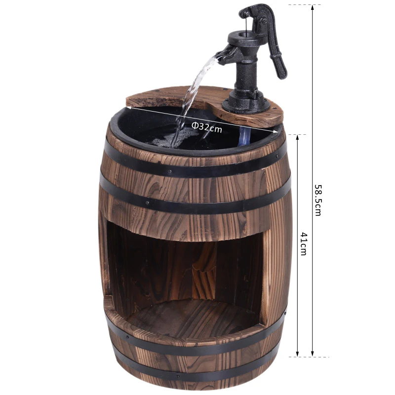 Outsunny Wood Barrel Pump Fountain Water Feature w/ Flower Planter Garden Decor