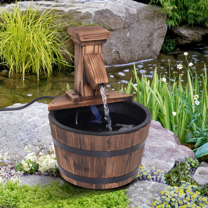 Outsunny Wood Barrel Pump Patio Water Fountain Water Feature Electric Garden