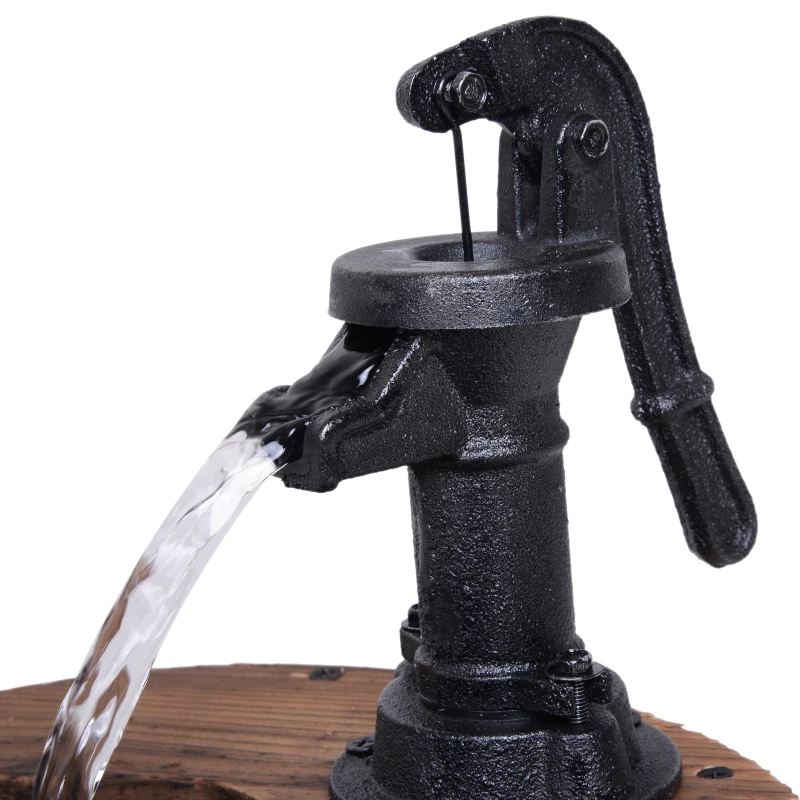 Outsunny Wood Barrel Pump Fountain Water Feature w/ Flower Planter Garden Decor