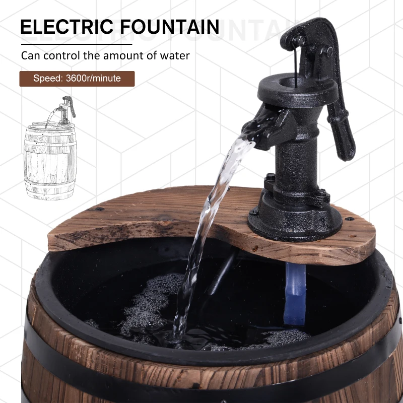 Outsunny Wood Barrel Pump Fountain Water Feature w/ Flower Planter Garden Decor