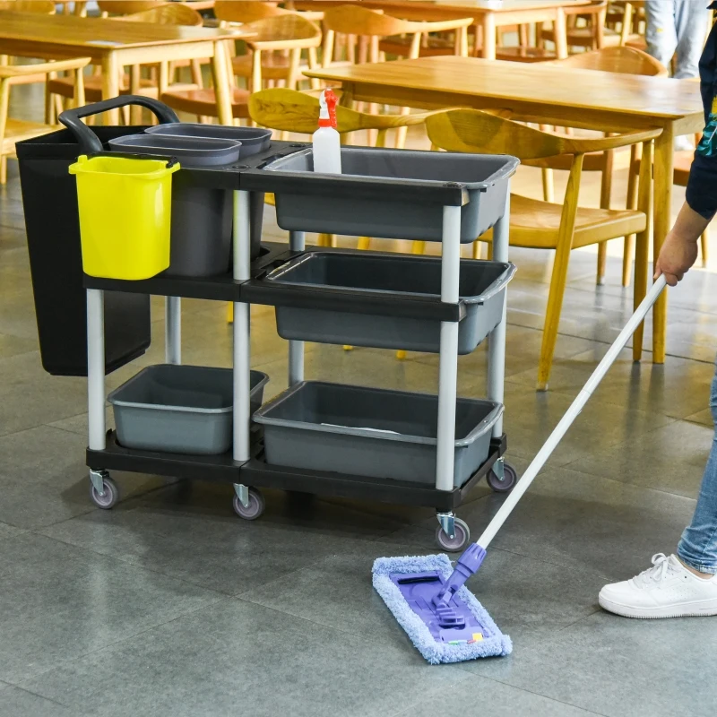 Wózek do sprzątania HOMCOM wózek do sprzątania 4 wiadra na kółkach miski 3-poziomy wózek systemowy na cichych niebrudzących kółkach antypoślizgowy uchwyt do sprzątania w hotelach, gastronomii i budynkach kolor szary 110x50x92 cm
