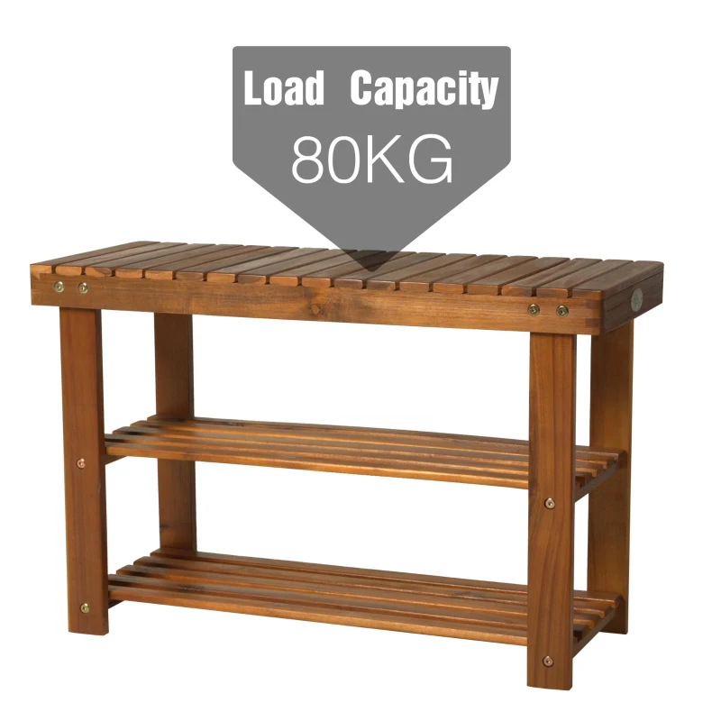HOMCOM 3-Tier 12 Pairs Shoe Rack Stool, Acacia Wood-Teak Colour