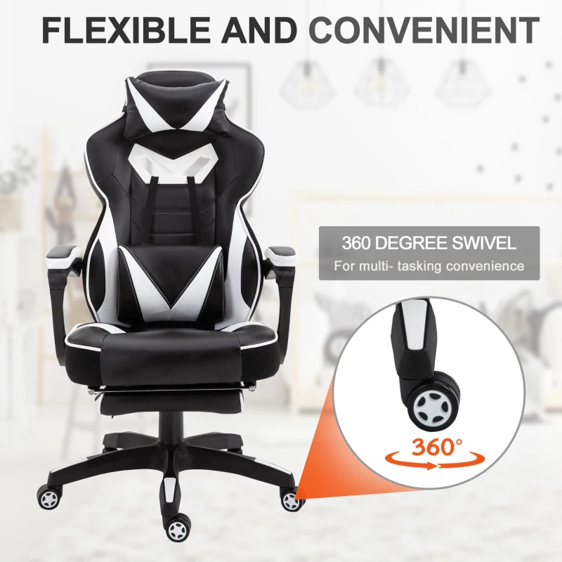 Vinsetto PU Leather Retractable Footrest Gaming Chair w/ Pillows White/Black