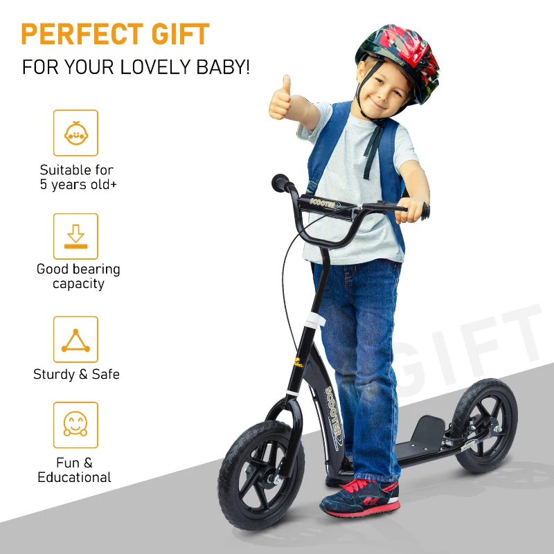 HOMCOM Bicycle Scooter, Kick Scooter for Kids, Big Wheel, 12" Tyres Height Adjustable, Steel Frame-Black