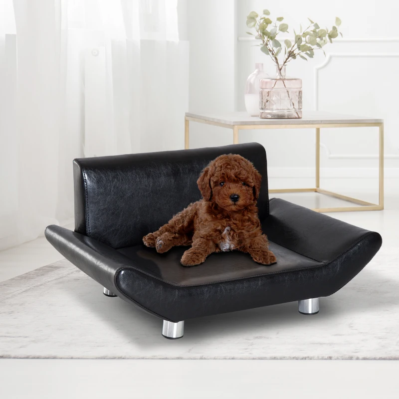 PawHut Pet Sofa Couch Bed, Luxury PU Leather, Wooden Frame-Black