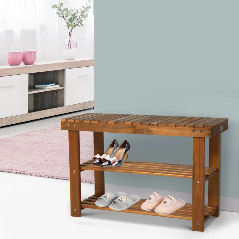 HOMCOM 3-Tier 12 Pairs Shoe Rack Stool, Acacia Wood-Teak Colour