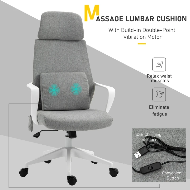 Vinsetto Office Swivel Chair w/ Massage function Lumbar Cushion Adjustable seat & headrest height - White/Grey