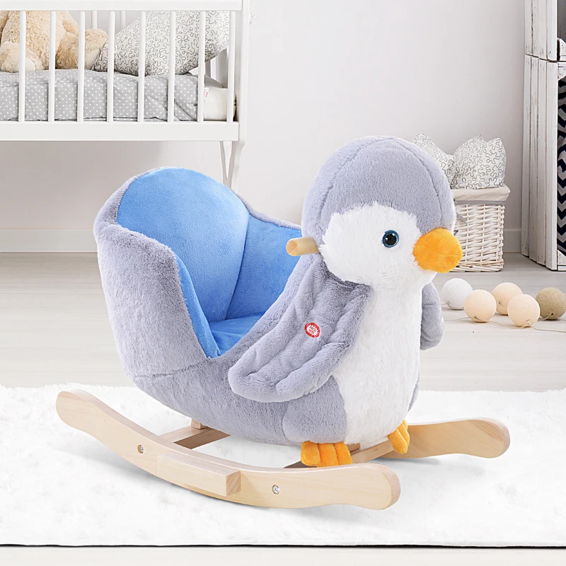 HOMCOM Children Kids Animal Rocking Horse Penguin Plush Musical Button 32 Songs Kid Rocker for 18+ Months