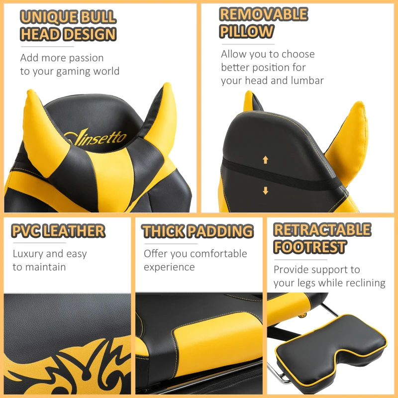 Vinsetto PU Leather Bull Horn Headrest Gaming Chair w/ Retractable Footrest Yellow