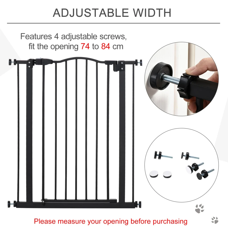 PawHut  Dog Safety Gate Indoor, 74-84cm Adjustable Metal Pet Gate w/ Auto-Close Door Double Locking Easy-Open Doors Stairs Black