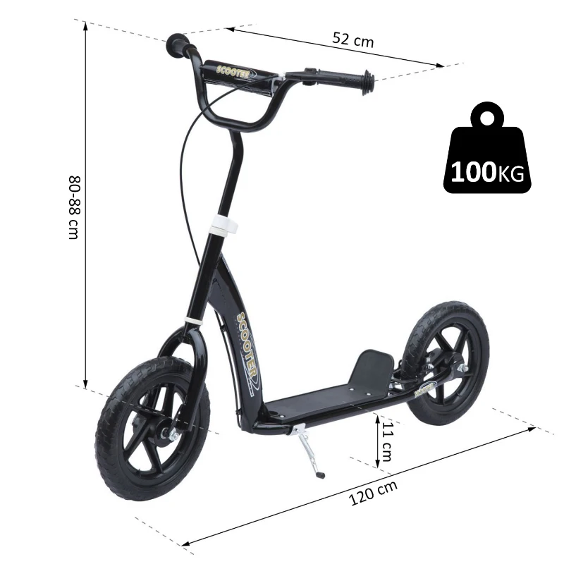 HOMCOM Bicycle Scooter, Kick Scooter for Kids, Big Wheel, 12" Tyres Height Adjustable, Steel Frame-Black