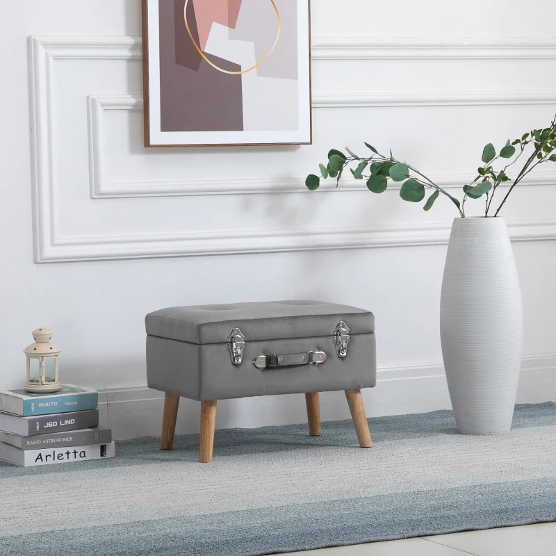 HOMCOM Upholstery Footstool, Velvet Pouffe Storage Trunk, Suitcase Style Ottoman with Wood Legs and Button Tufted Design for Bedroom, Hallway, Grey