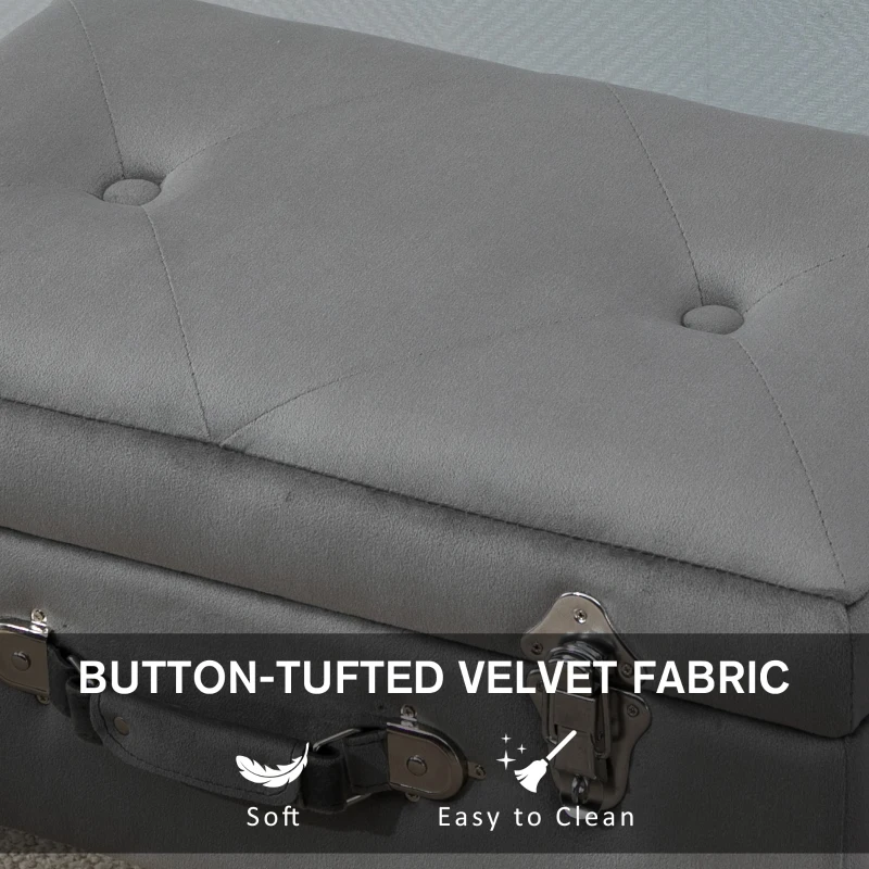 HOMCOM Upholstery Footstool, Velvet Pouffe Storage Trunk, Suitcase Style Ottoman with Wood Legs and Button Tufted Design for Bedroom, Hallway, Grey