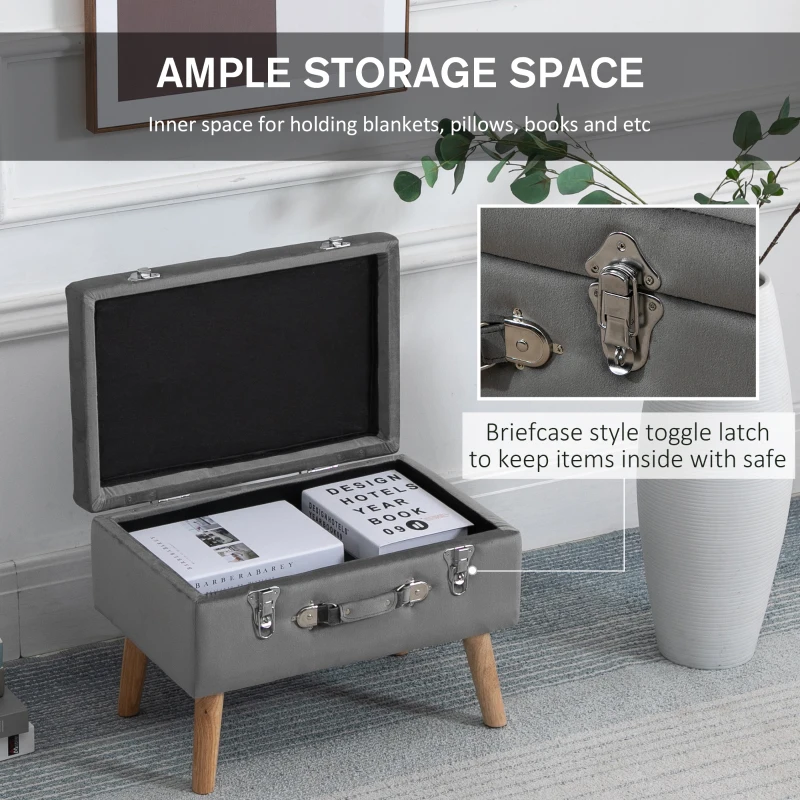 HOMCOM Upholstery Footstool, Velvet Pouffe Storage Trunk, Suitcase Style Ottoman with Wood Legs and Button Tufted Design for Bedroom, Hallway, Grey