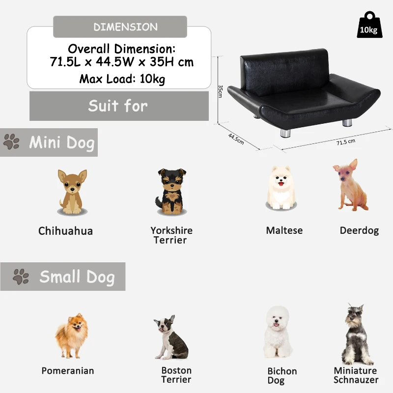 PawHut Pet Sofa Couch Bed, Luxury PU Leather, Wooden Frame-Black