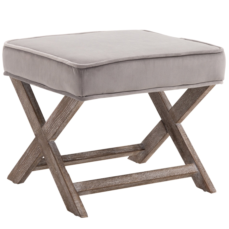 HOMCOM Vintage Footstool Padded Seat X Shape Chair Velvet Cover Shabby Footrest Grey