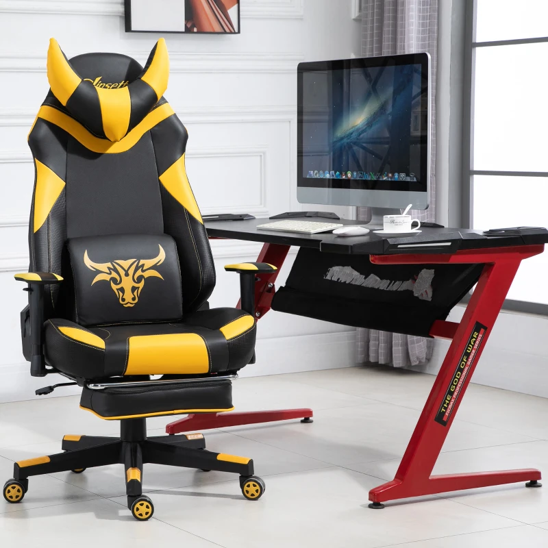 Vinsetto PU Leather Bull Horn Headrest Gaming Chair w/ Retractable Footrest Yellow