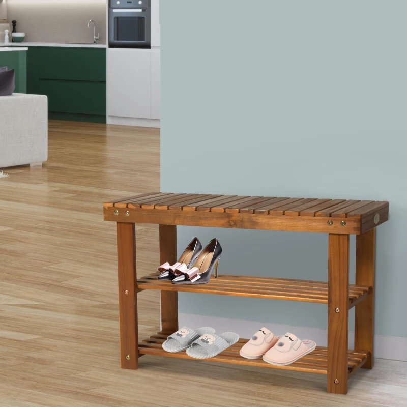 HOMCOM 3-Tier 12 Pairs Shoe Rack Stool, Acacia Wood-Teak Colour