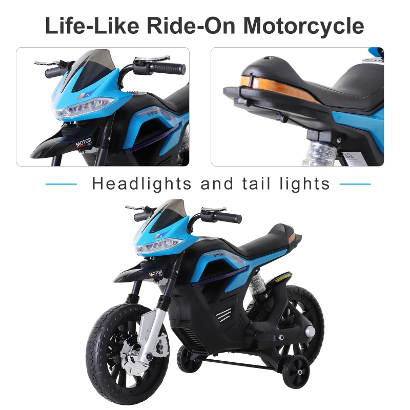 HOMCOM  Ride On Kids Electric Motorbike Scooter 6V Battery Powered w/ Brake Reverse Lights and Music Blue