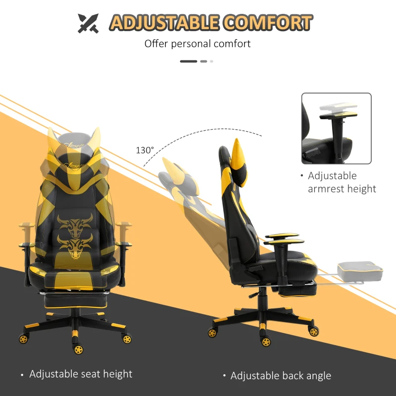 Vinsetto PU Leather Bull Horn Headrest Gaming Chair w/ Retractable Footrest Yellow