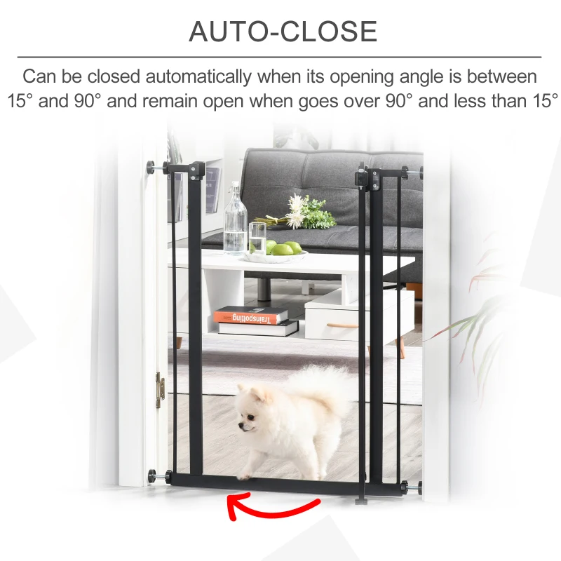 PawHut  Dog Safety Gate Indoor, 74-84cm Adjustable Metal Pet Gate w/ Auto-Close Door Double Locking Easy-Open Doors Stairs Black