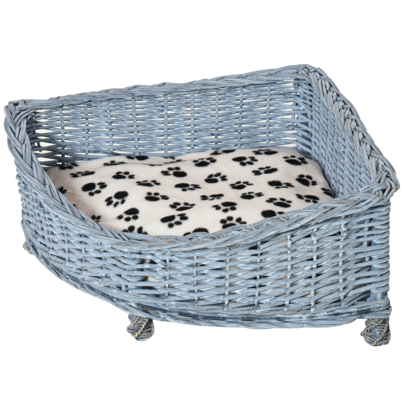 PawHut Wicker Dog Corner Basket Pet Bed Sofa Couch w/ Soft Plush Cushion Elevated Base