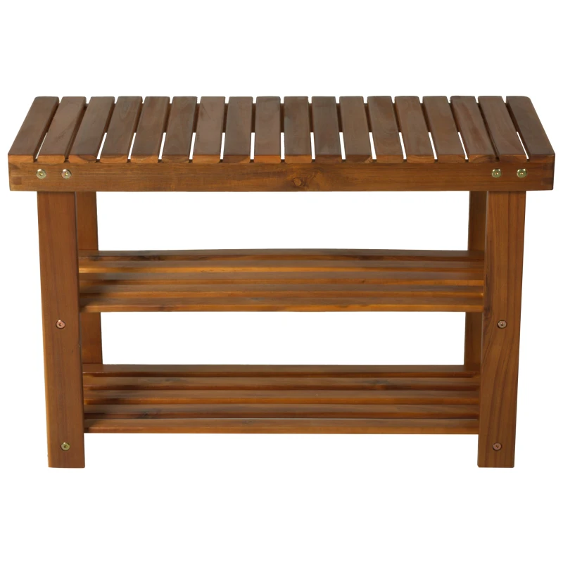 HOMCOM 3-Tier 12 Pairs Shoe Rack Stool, Acacia Wood-Teak Colour