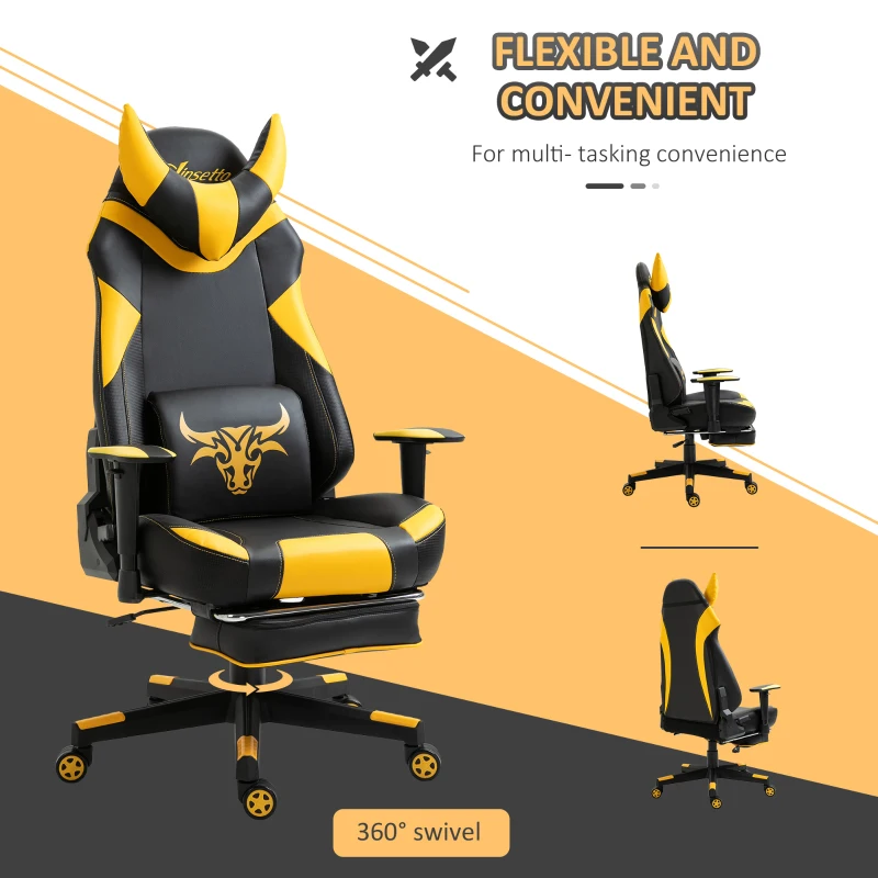Vinsetto PU Leather Bull Horn Headrest Gaming Chair w/ Retractable Footrest Yellow