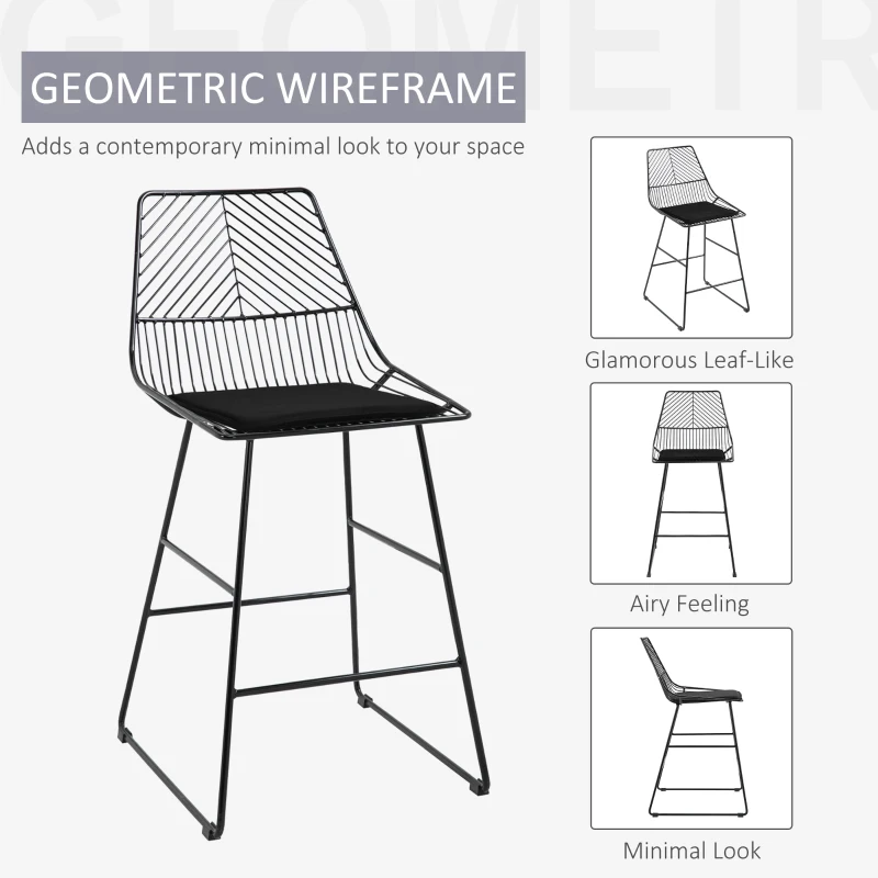 HOMCOM Modern Counter Height Bar Stools Set of 2 pcs Wire Metal Barstools for Kitchen