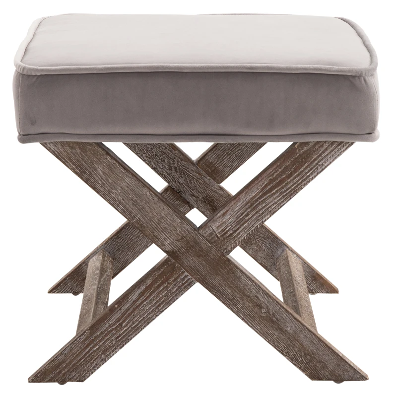 HOMCOM Small Footstool, Vintage Footrest with Velvet-touch Upholstery, Padded Seat and X-shaped Wood Legs for Living Room, Grey