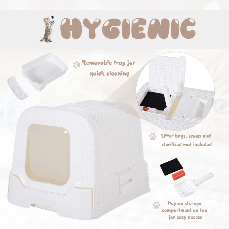 PawHut Pet Cat Litter Box, Enclosed Pet Toilet with Handle, Scoop 54L × 42W × 41H cm - White