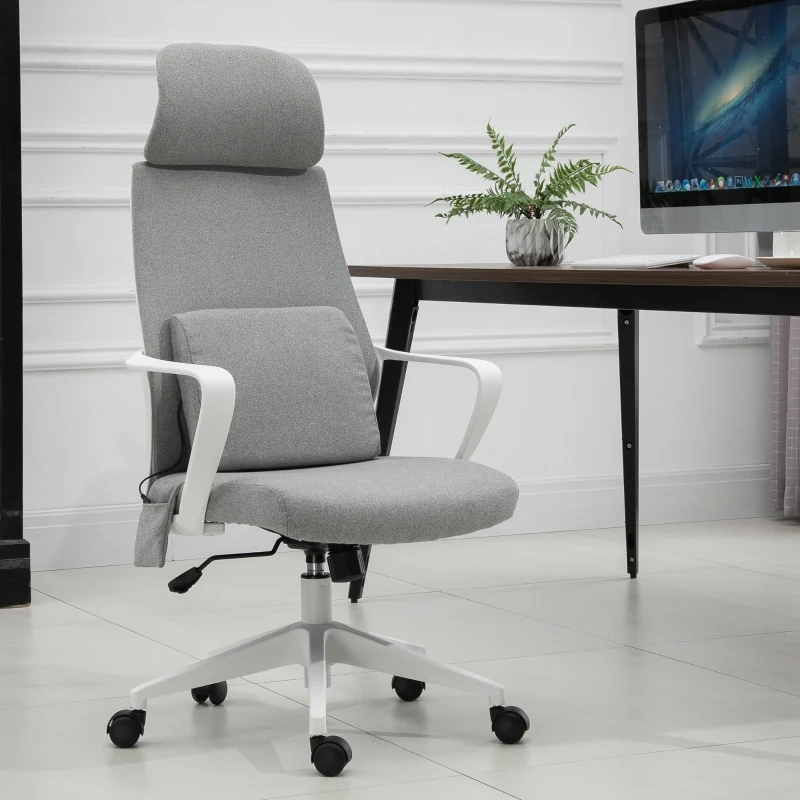 Vinsetto Office Swivel Chair w/ Massage function Lumbar Cushion Adjustable seat & headrest height - White/Grey