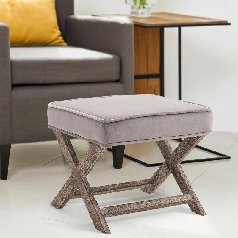 HOMCOM Small Footstool, Vintage Footrest with Velvet-touch Upholstery, Padded Seat and X-shaped Wood Legs for Living Room, Grey