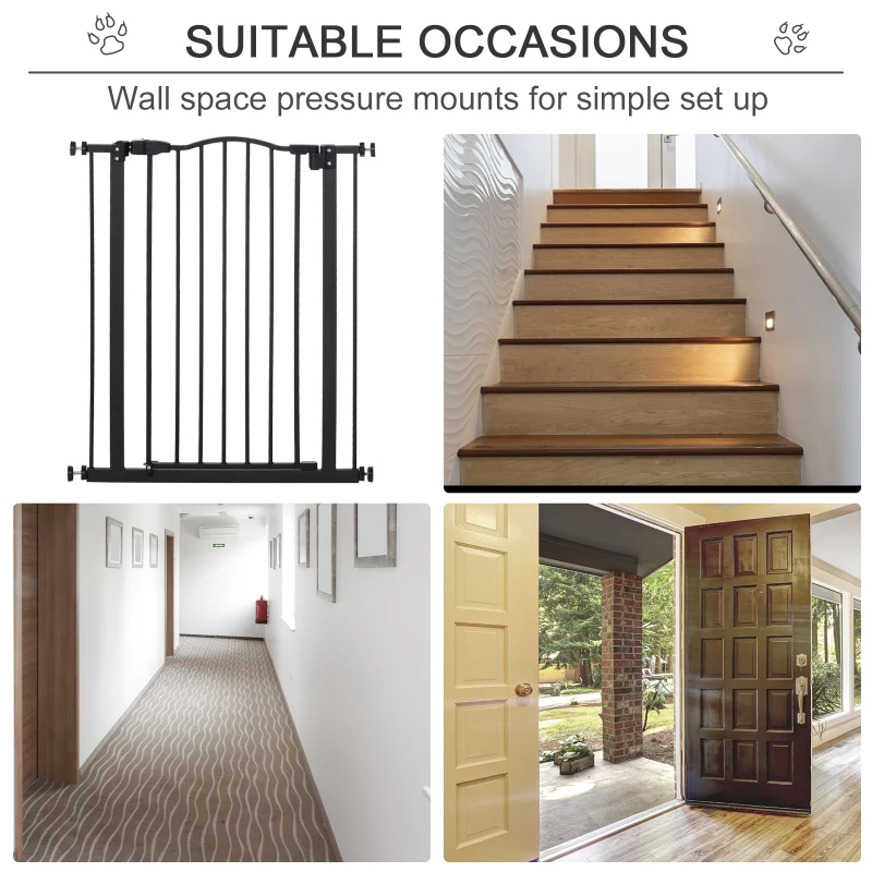 PawHut  Dog Safety Gate Indoor, 74-84cm Adjustable Metal Pet Gate w/ Auto-Close Door Double Locking Easy-Open Doors Stairs Black