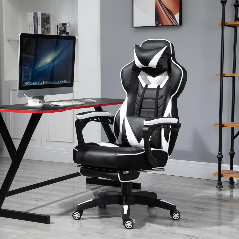 Vinsetto PU Leather Retractable Footrest Gaming Chair w/ Pillows White/Black