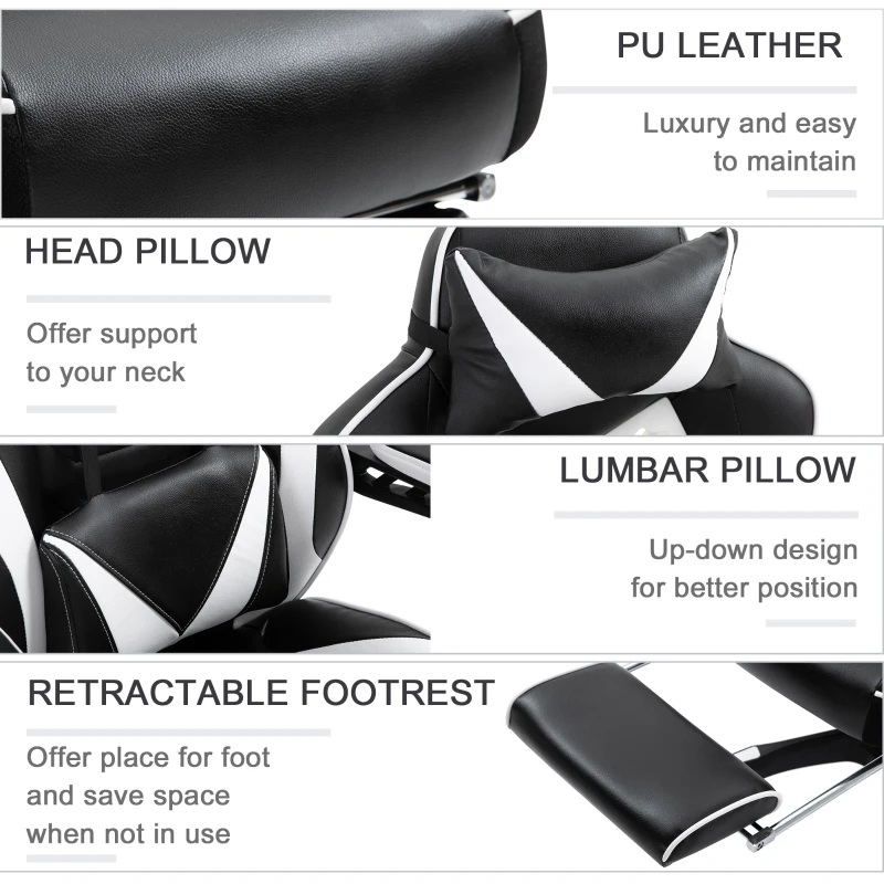 Vinsetto PU Leather Retractable Footrest Gaming Chair w/ Pillows White/Black