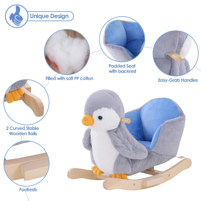 HOMCOM Children Kids Animal Rocking Horse Penguin Plush Musical Button 32 Songs Kid Rocker for 18+ Months