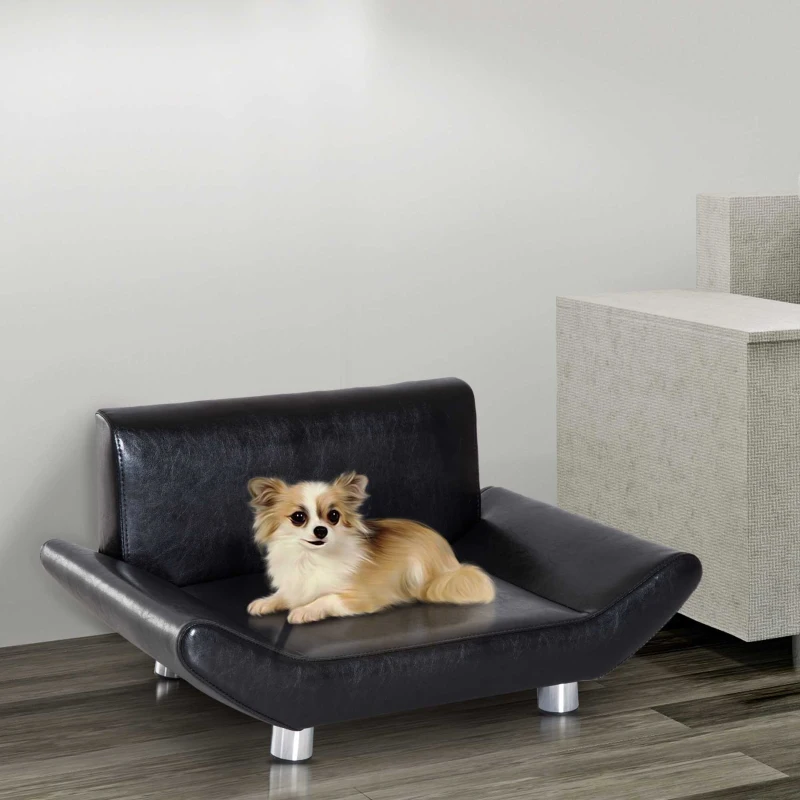 PawHut Pet Sofa Couch Bed, Luxury PU Leather, Wooden Frame-Black
