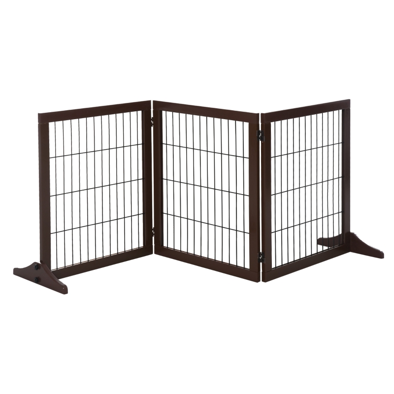 PawHut 3 Panel Pet Gate Pine Frame Indoor Foldable Dog Barrier w/Supporting Foot, Brown