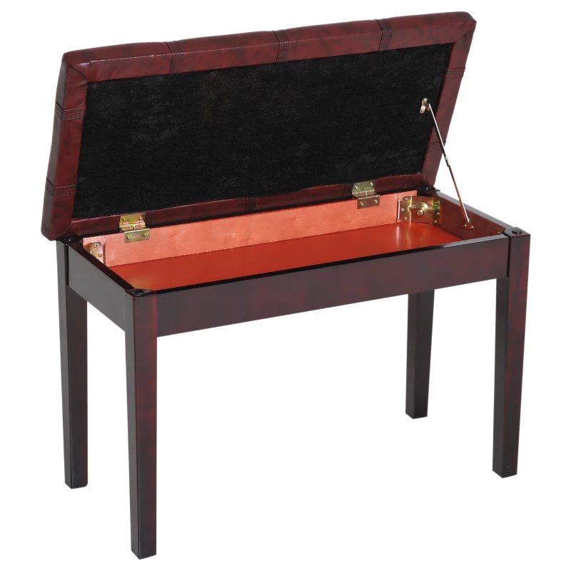 HOMCOM Lift Top Piano Storage Bench Two Person Faux Leather Padded Keyboard Stool Wine Red