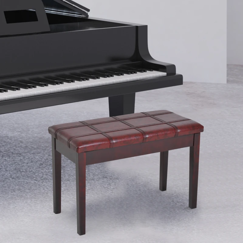 HOMCOM Lift Top Piano Storage Bench Two Person Faux Leather Padded Keyboard Stool Wine Red