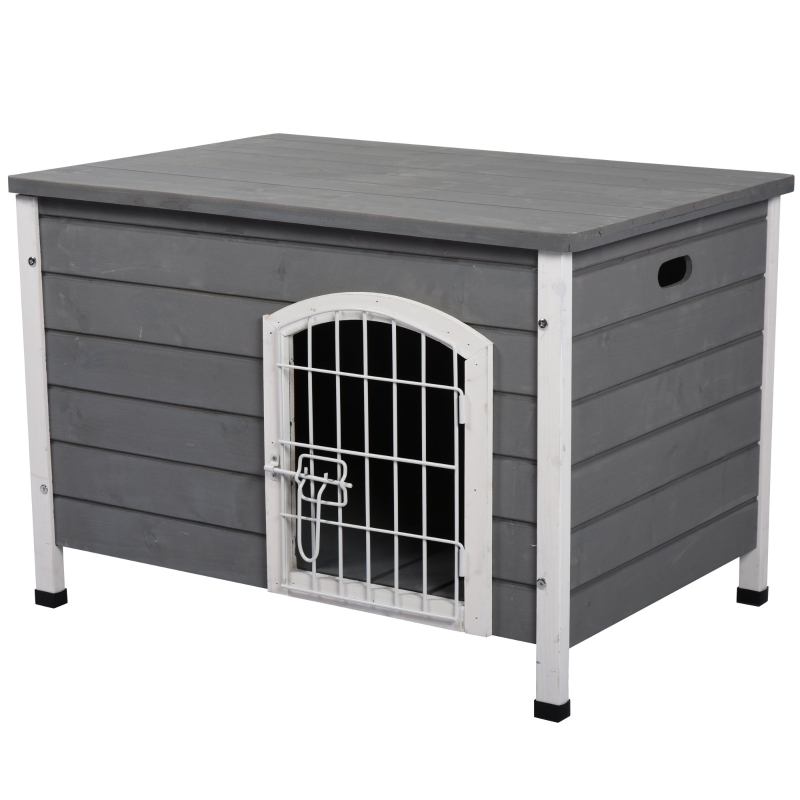 PawHut Wooden Dog Crate Kennel Lockable Door Small Animal House w/ Openable Top Gray
