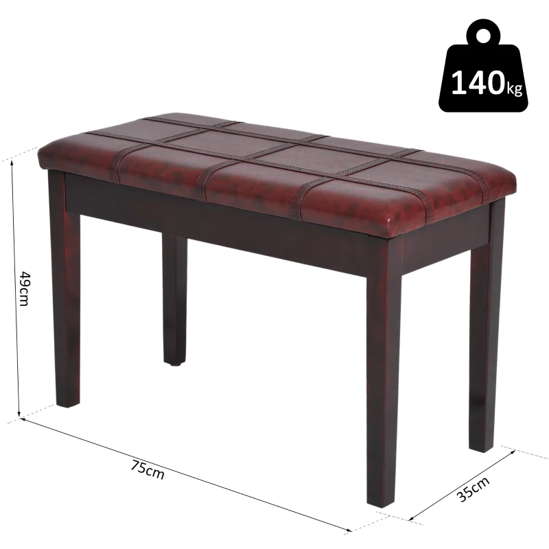 HOMCOM Lift Top Piano Storage Bench Two Person Faux Leather Padded Keyboard Stool Wine Red