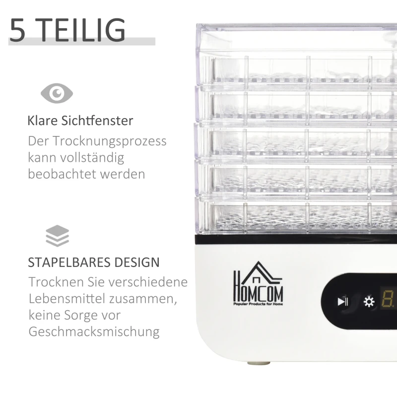 HOMCOM dehydrator droogapparaat voedseldroger met 5 compartimenten droger met temperatuurregelaar van 35-70 ℃ 72-uurs timer 400 Watt vlees groente fruit droger PP PS wit 29 x 19 x 21,5 cm