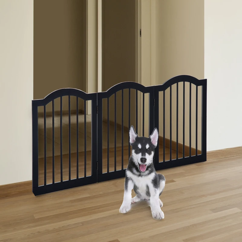 Pawhut Wooden Foldable Dog Gate Stepover Panel Pet Fence Freestanding Safety Barrier for the House, Doorway, Stairs - Black