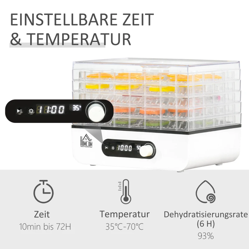 HOMCOM dehydrator droogapparaat voedseldroger met 5 compartimenten droger met temperatuurregelaar van 35-70 ℃ 72-uurs timer 400 Watt vlees groente fruit droger PP PS wit 29 x 19 x 21,5 cm