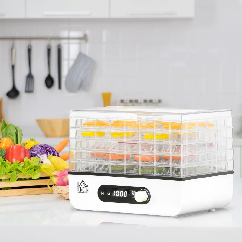 HOMCOM dehydrator droogapparaat voedseldroger met 5 compartimenten droger met temperatuurregelaar van 35-70 ℃ 72-uurs timer 400 Watt vlees groente fruit droger PP PS wit 29 x 19 x 21,5 cm