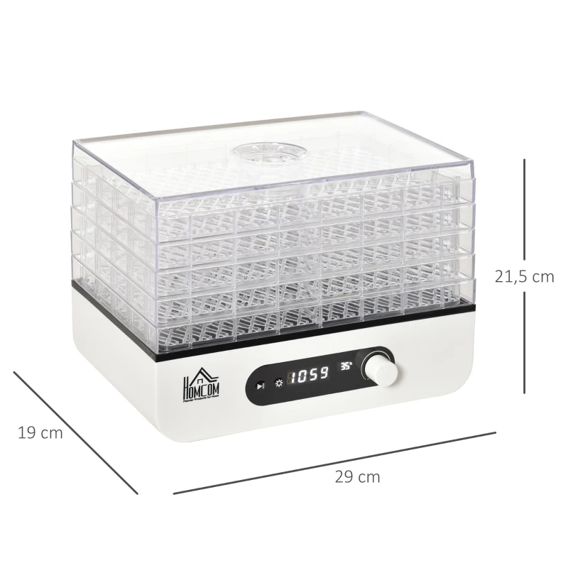 HOMCOM dehydrator droogapparaat voedseldroger met 5 compartimenten droger met temperatuurregelaar van 35-70 ℃ 72-uurs timer 400 Watt vlees groente fruit droger PP PS wit 29 x 19 x 21,5 cm